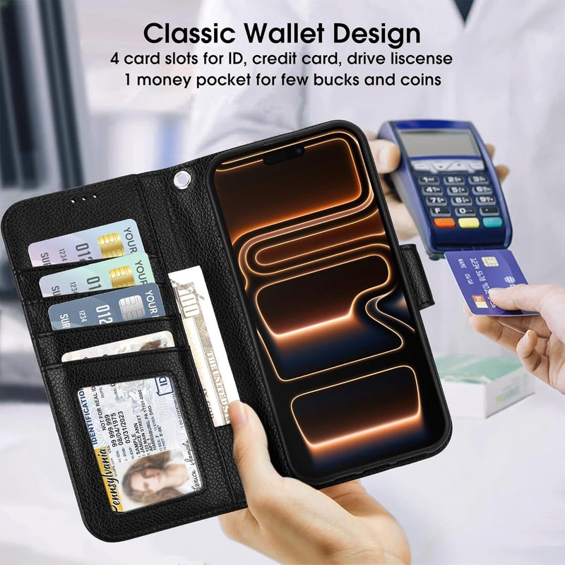 Arae Compatible with iPhone 17 Pro Max Case Wallet with Card Holder, Wristlet Strap Wallet Flip Cover for iPhone 17 Pro Max 6.9 inch Men/Women, RFID Blocking, Kickstand, Litchi Black - Image 3